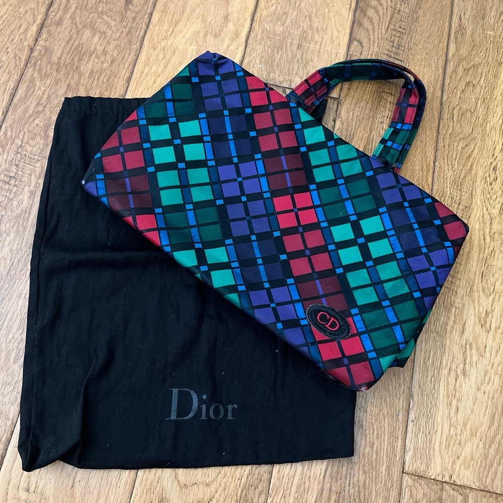 Christian Dior Large Sz- 2 Zippered Cosmetic Organizer Travel - Plaid Vintage